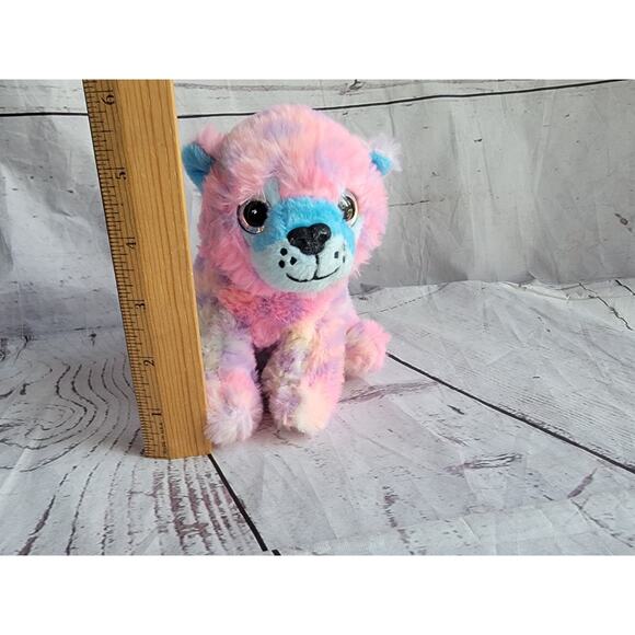 Gallerie Leopard Plush Stuffed Animal Rainbow Pink Blue Opal Eyes 6in - Picture 3 of 7